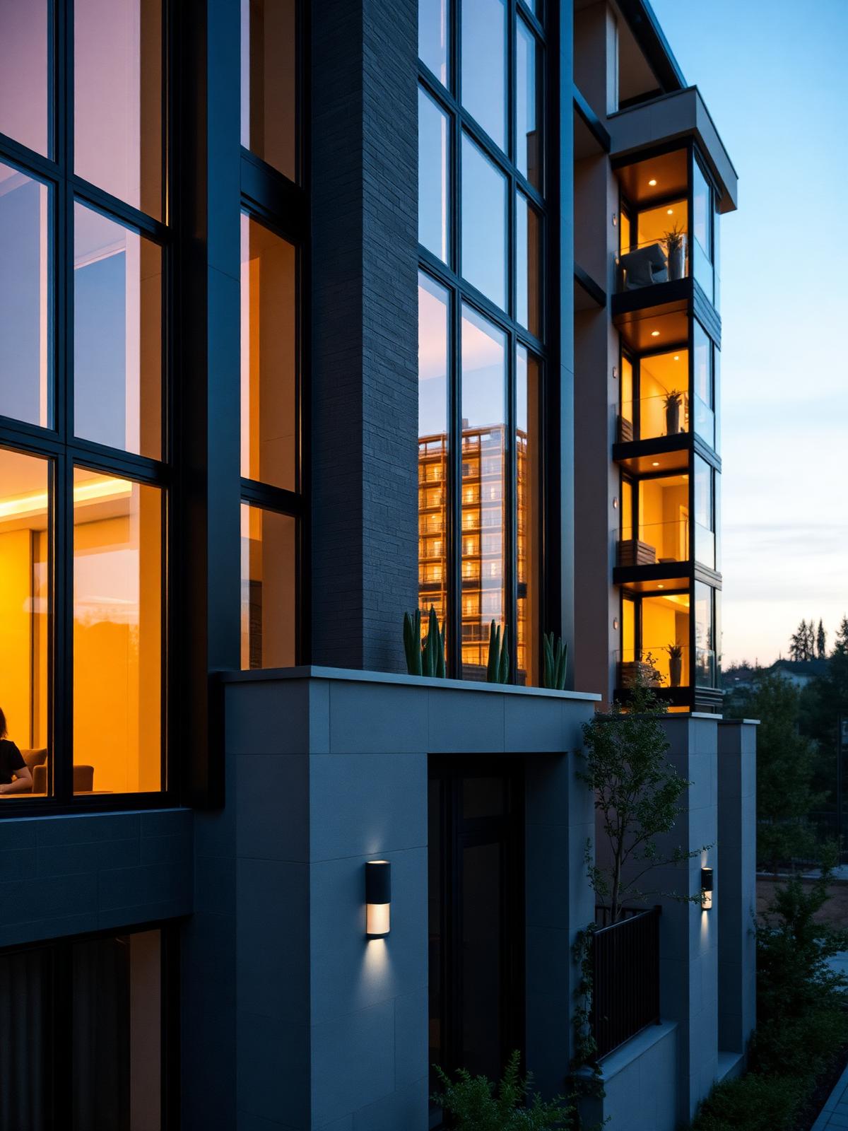 A contemporary residential building at dusk with warmly lit windows.